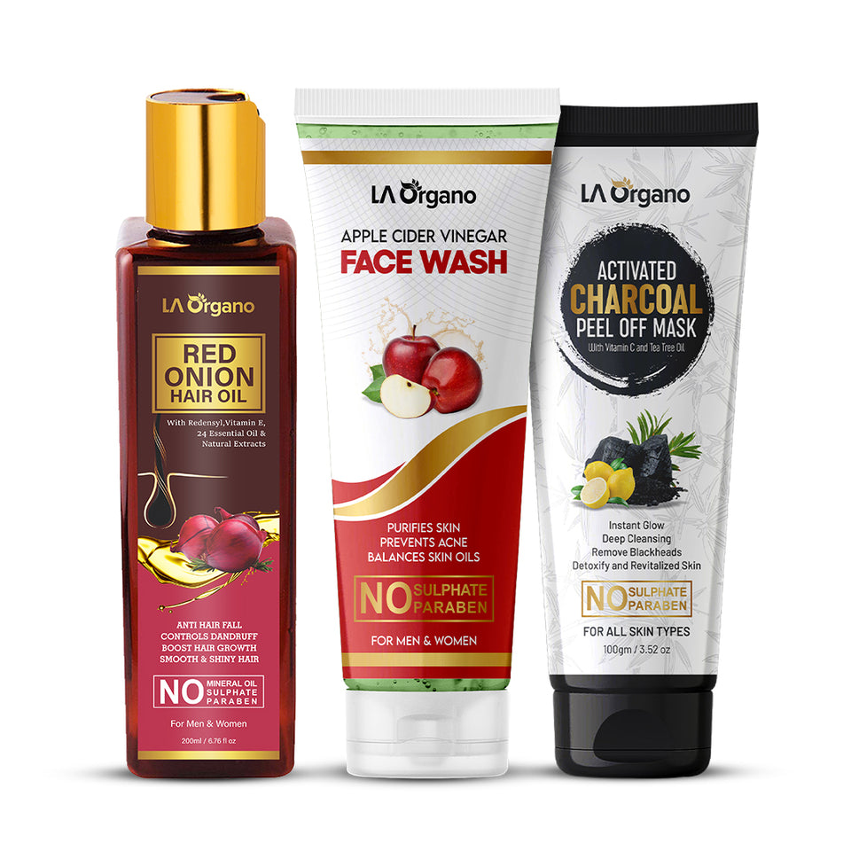 Apple Cider Vineger Face Wash+Red Onion Hair Oil+Activated Charcoal Peel Off Mask-Skin & Hair Care Combo (Pack of 3)