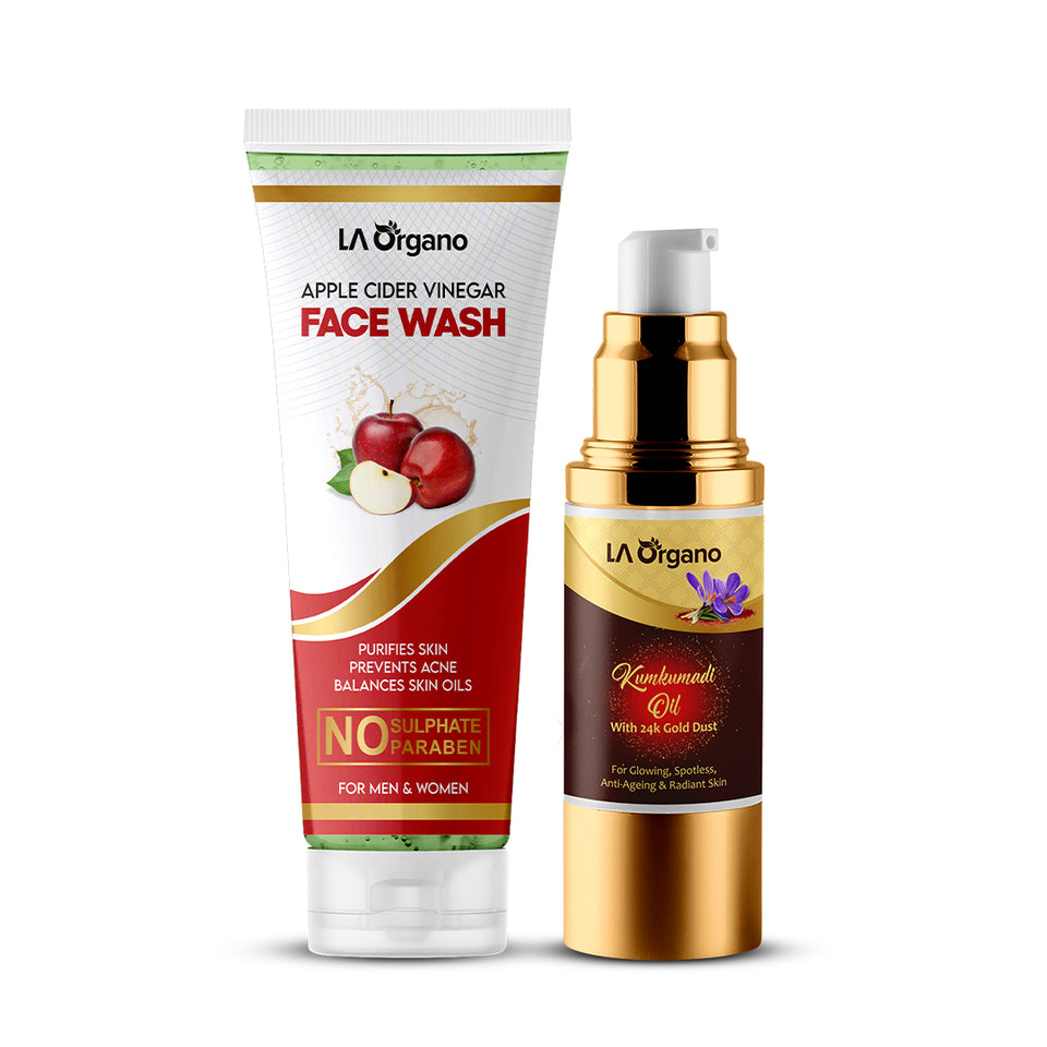 Kumkumadi Oil Enriched with Gold Dust(30ml) & Apple Cider Facewash For Anti-Ageing and Acne,Glowing,Spotless & Radiant Skin