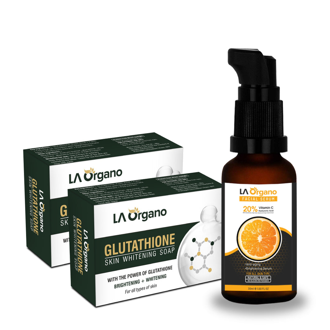 Glutathione Skin whitening Soap(100gX2) with 20% Vit C Face Glow Serum(30ml)Skin Care Combo