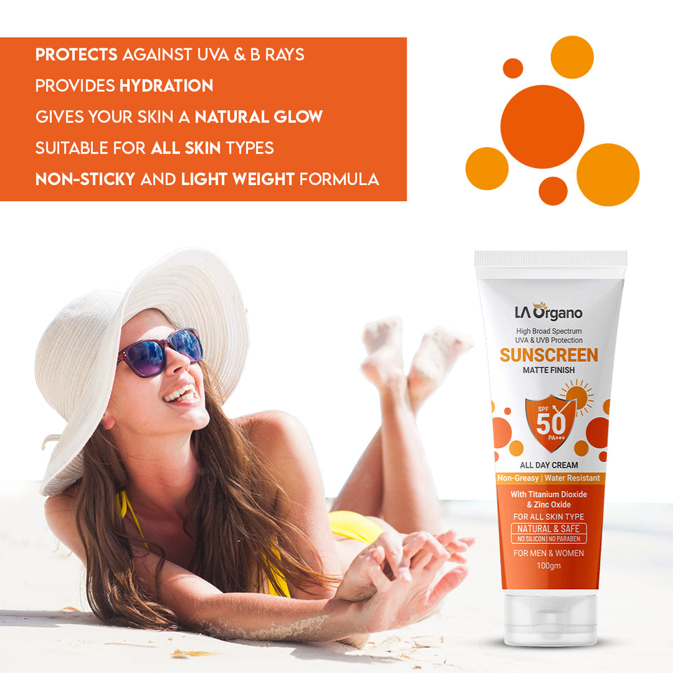 LA Organo Sunscreen Matte Finish All Day Cream, UVA/UVB Protection - SPF 50 PA+++  (100 g)