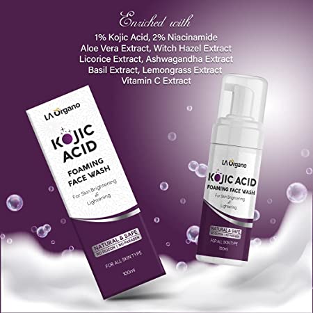 LA Organo Kojic Acid Foaming Face Wash Enriched with Licorice, Vitamin C,  Niacinamide for Skin Brightening & Lightening, Reduce Dark Spots, Wrinkles  